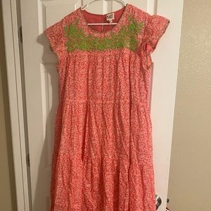 Sister Mary midi pink/white dress with green embroiderey on top